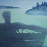 Gemälde in Mischtechnik eines Mannes auf einer Bank sitzend und auf einen See blickend,
       Illustration des Liedes Haus am See von von Peter Fox